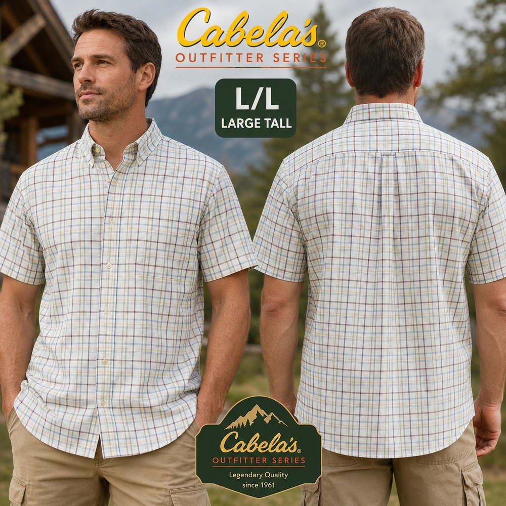 Cabelas Outfitter Series Mens Large Tall Plaid Short Sleeve Shirt L/L